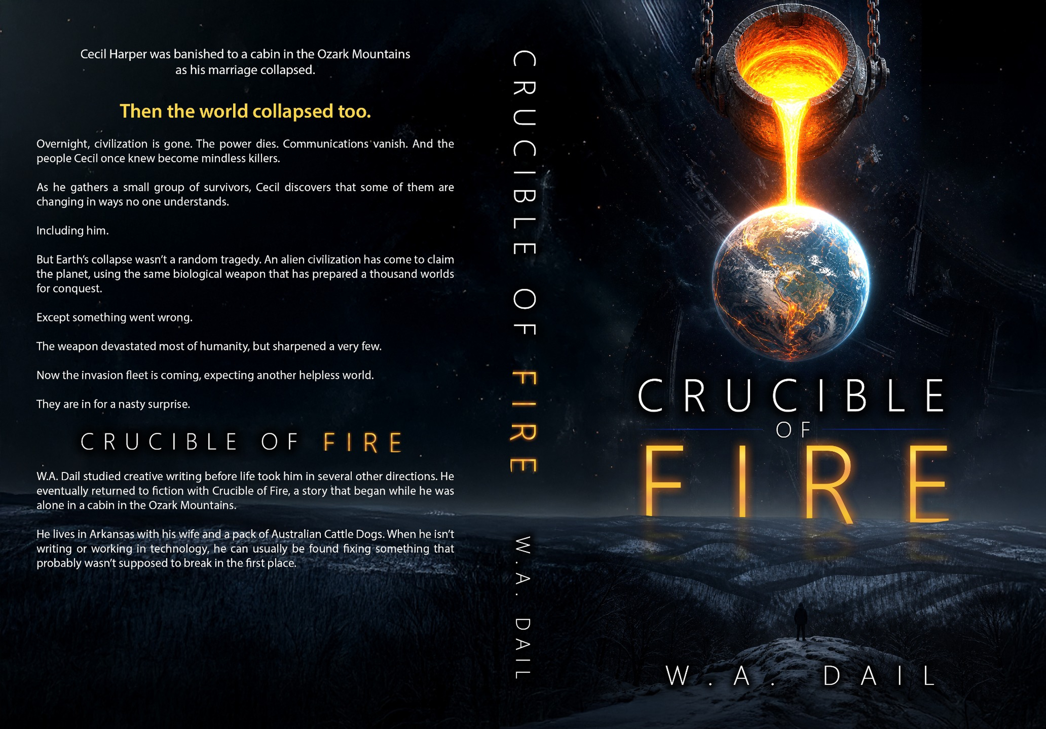 Crucible of Fire cover by Rob Williams: a blazing crucible pours molten fire onto Earth above a lone figure in the mountains.