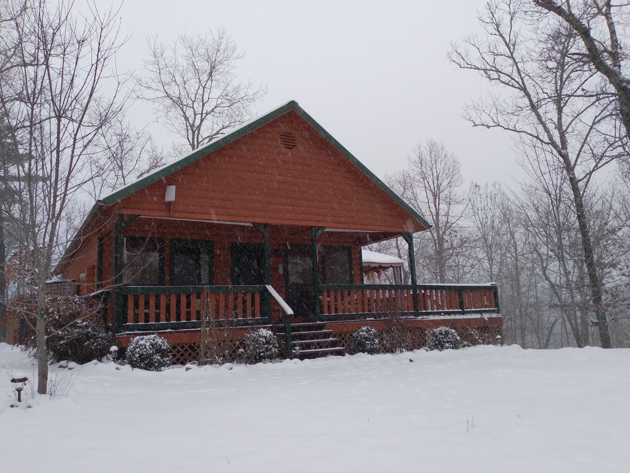 The cabin where Crucible of Fire began, surrounded by snow and bare winter trees in the Ozarks.
